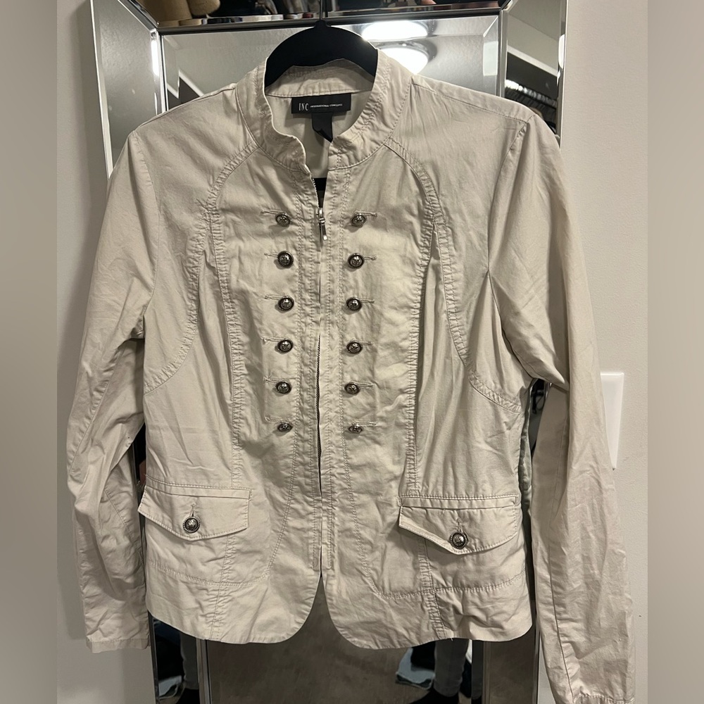 INC beige light zip up jacket with military style buttons - Picture 2 of 5